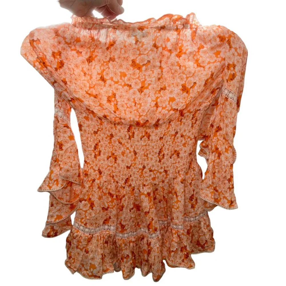 Orange kids girls SUNDAY Indian block Print Cold Shoulder tiered sleeve dress  …